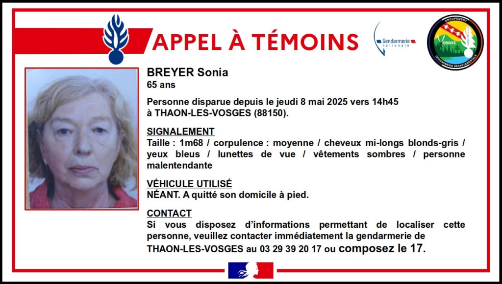 88 : Un appel à témoins lancé après la disparition inquiétante d&rsquo;une femme à Thaon-les-Vosges