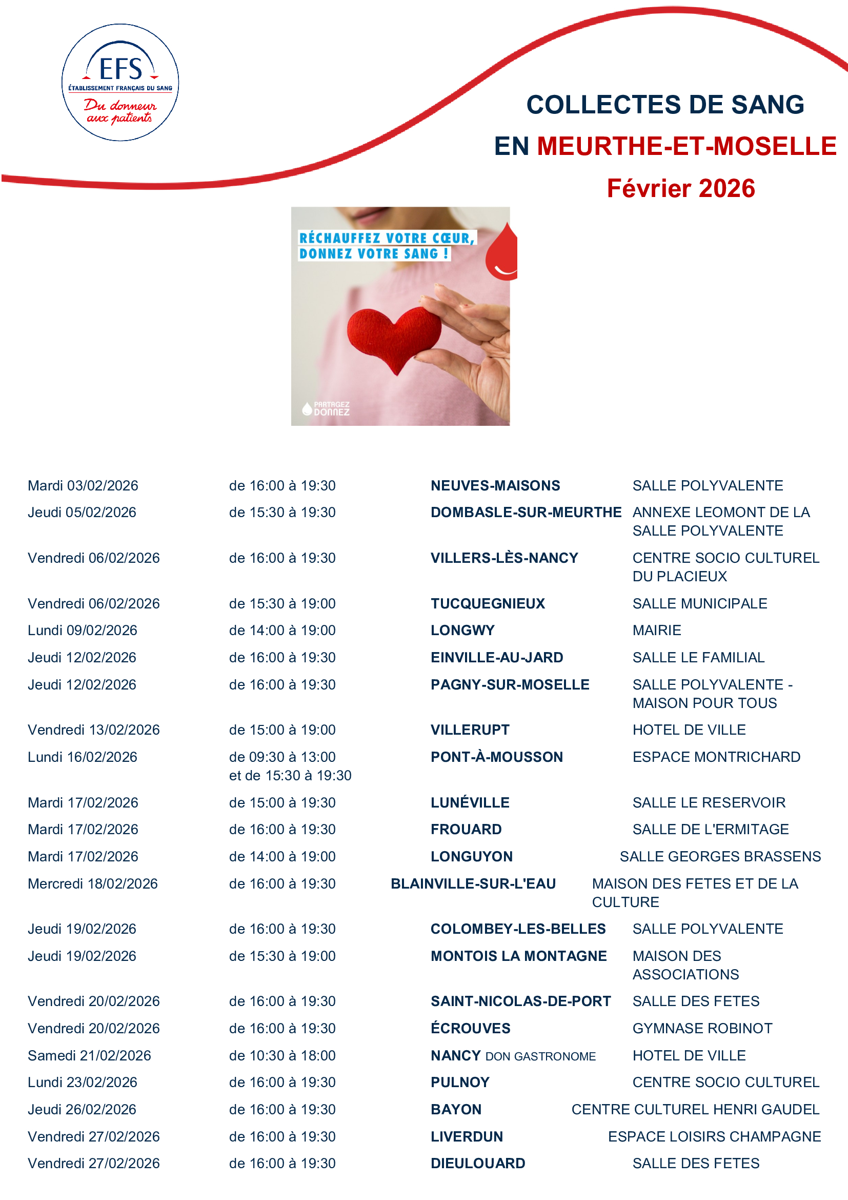 COLLECTES DE SANG EN MEURTHE ET MOSELLE EN  FÉVRIER