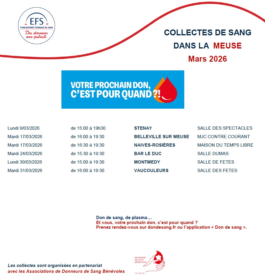 COLLECTES DE SANG DANS LA MEUSE EN MARS 2026