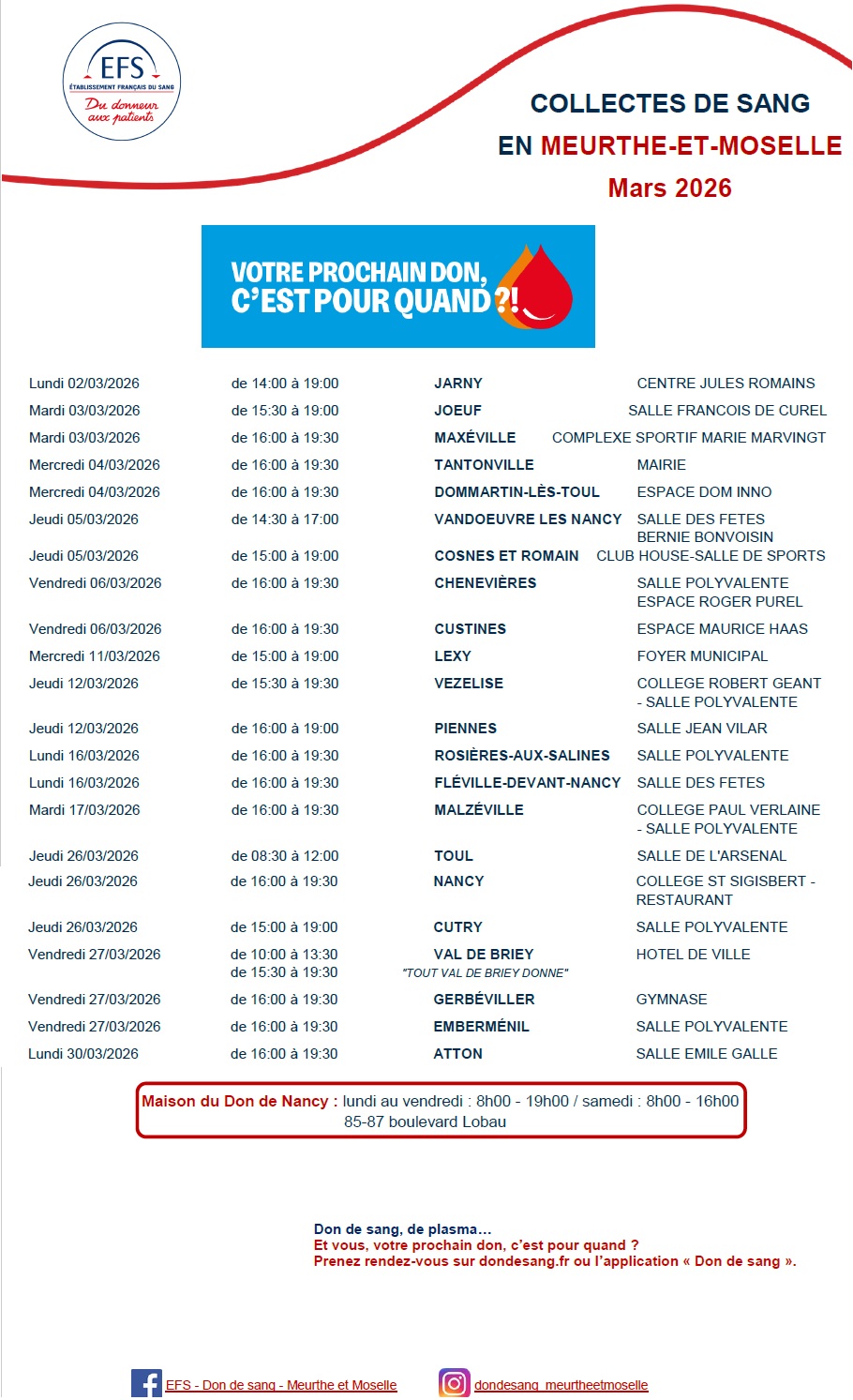 COLLECTES DE SANG EN MEURTHE ET MOSELLE EN MARS 2026