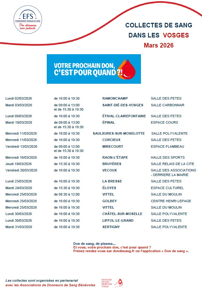 COLLECTES DE SANG DANS LES VOSGES EN MARS 2026