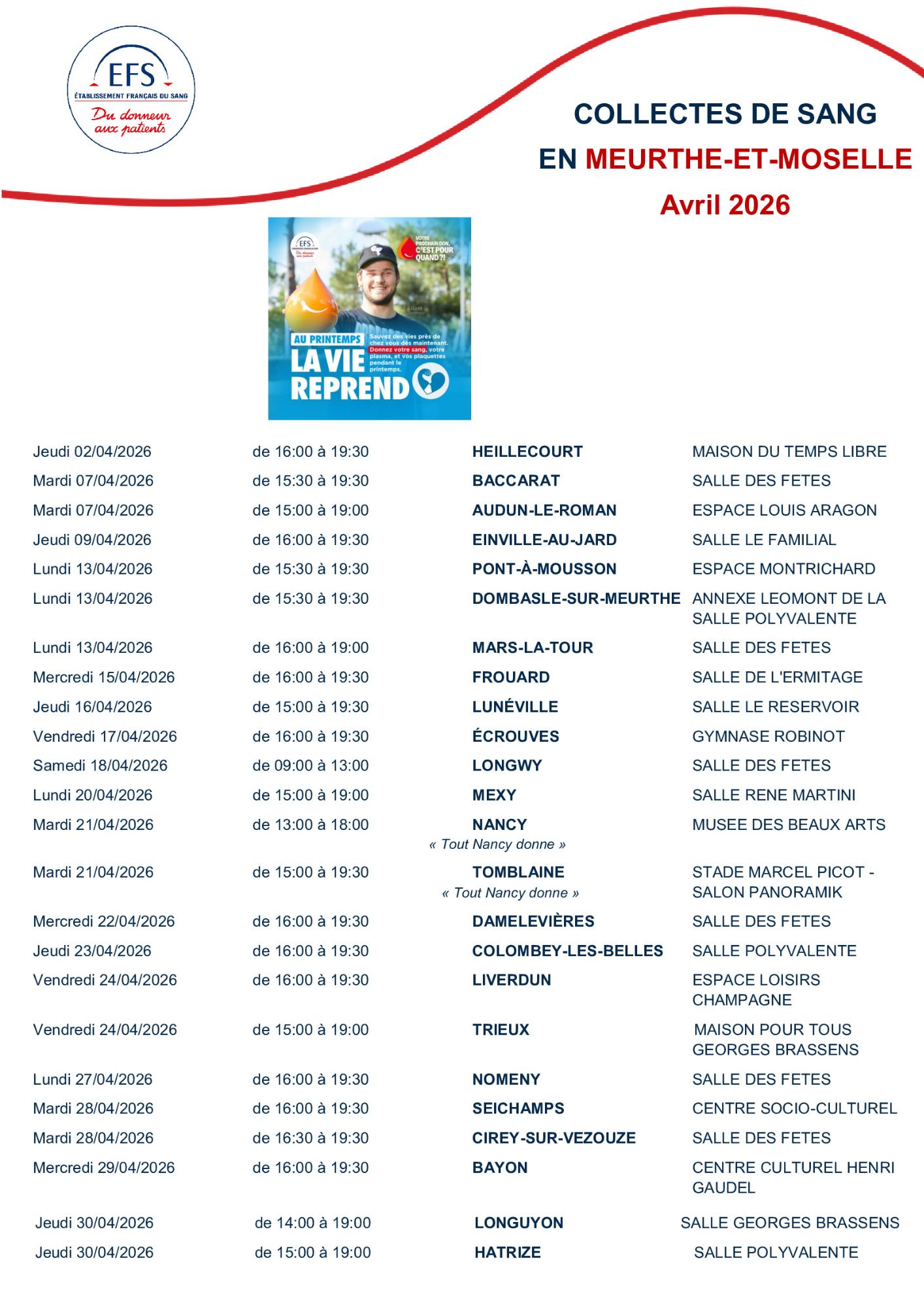 COLLECTES DE SANG EN MEURTHE ET MOSELLE EN AVRIL