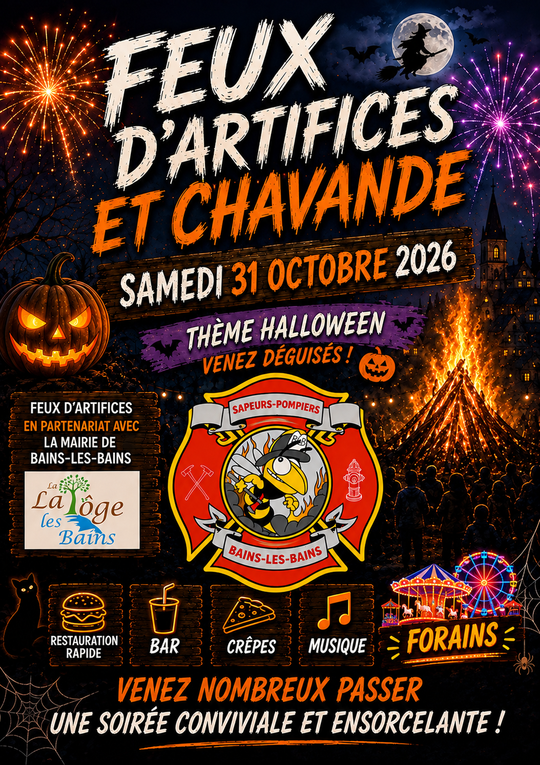 CHAVANDE ET FEUX D&rsquo;ARTIFICE D&rsquo;HALLOWEEN A BAINS LES BAINS