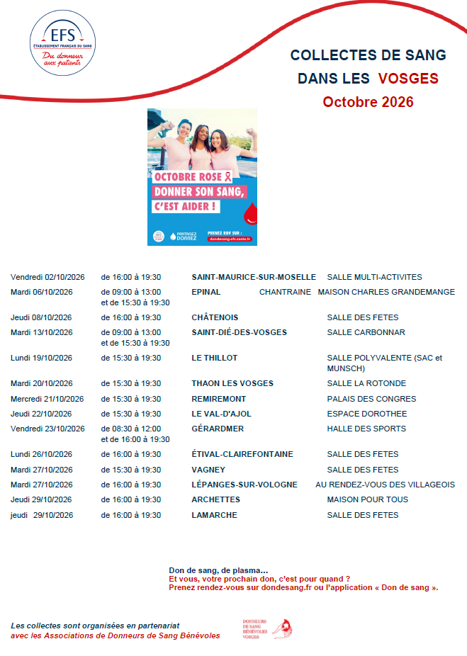 COLLECTE DE SANG – OCTOBRE VOSGES
